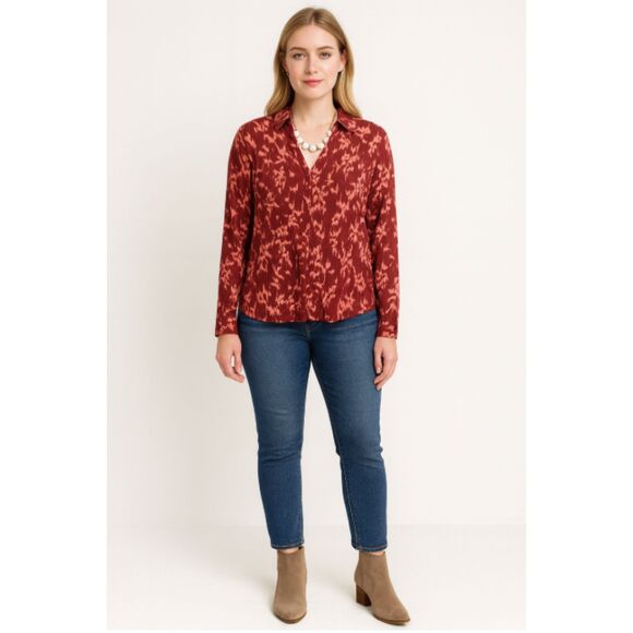 509 Knox Rose Red Boho Print Button-Down Blouse • Long Sleeve Casual Top - Picture 1 of 3